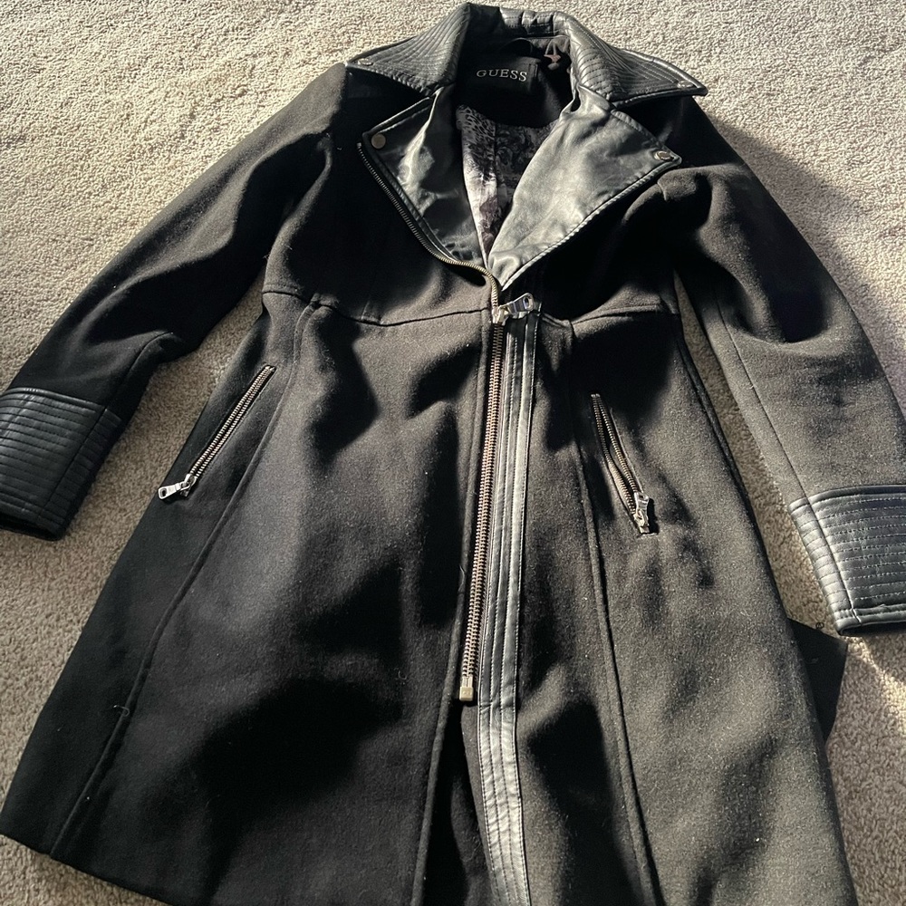 Ladies Guess black with leather on sleeves and color. Size s/p